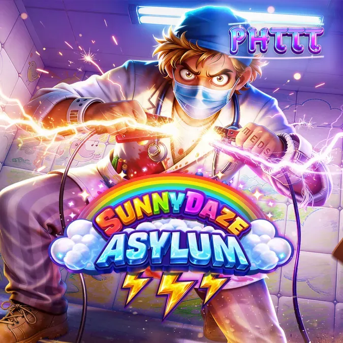 Isang visual na representasyon ng Sunnydaze Asylum slot na nagpapakita ng madilim ngunit makulay na tema ng laro.